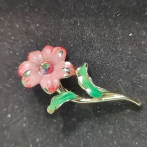 Pink Flower Vintage Pin with Green Leaves Gold Stem and Accents with Crystal